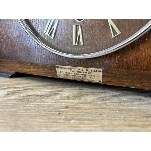 555 - Two oak cased chiming mantle clocks, one Smiths and one Bentima