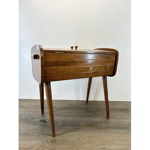 601 - A mid 20th century beech and plywood sewing box with contents - approx. 45.5cm high x 46cm wide x 28... 