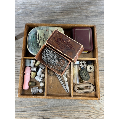 601 - A mid 20th century beech and plywood sewing box with contents - approx. 45.5cm high x 46cm wide x 28... 