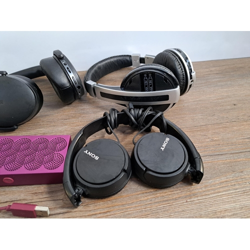 651 - Six items to include Sennheiser headphones, Sony headphones, Jam HX-P230F wireless speaker, Jawbone ... 