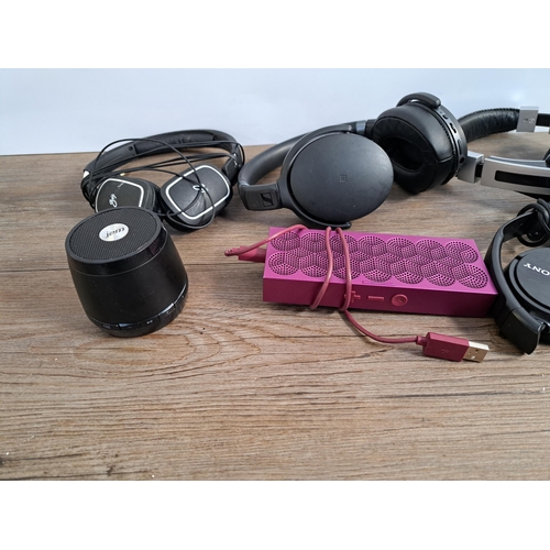 651 - Six items to include Sennheiser headphones, Sony headphones, Jam HX-P230F wireless speaker, Jawbone ... 