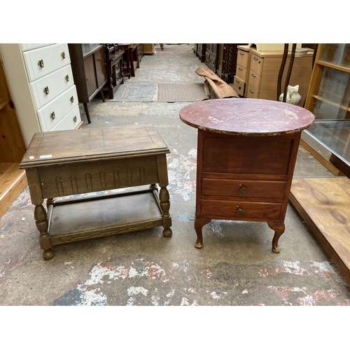 108 - Two mid 20th century sewing tables, one beech and one stained