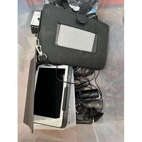 470 - A Box containing various tech items to include wireless chargers, Acer tablet and portable DVD playe... 