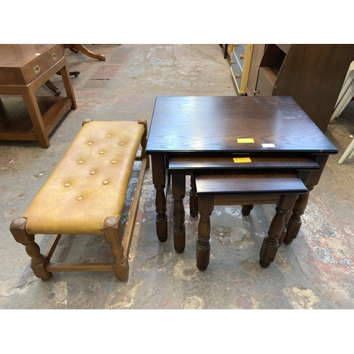 94 - Two pieces of furniture, one oak nest of tables and one yellow vinyl and beech footstool