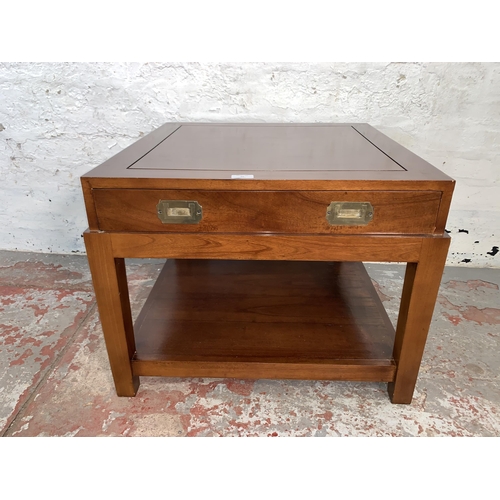 95 - A mahogany campaign style single drawer coffee table - approx. 52cm high x 65cm square