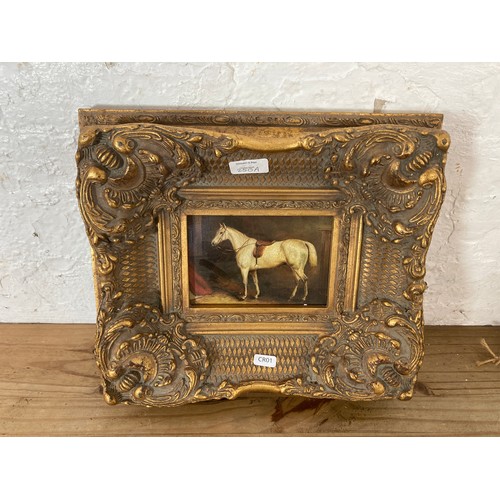 250A - Two 19th century style gilt framed horse oleographs - approx. 33cm high x 37cm wide