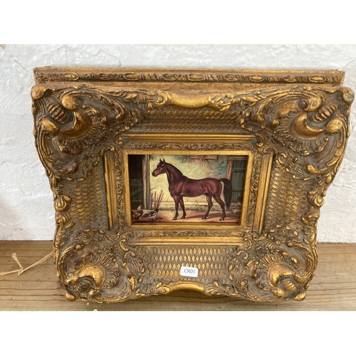 250A - Two 19th century style gilt framed horse oleographs - approx. 33cm high x 37cm wide