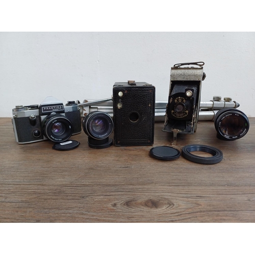 318 - Six items to include Pentacon Praktica Super TL 35mm SLR camera fitted with Helios-44M 2/58 lens, Pe... 