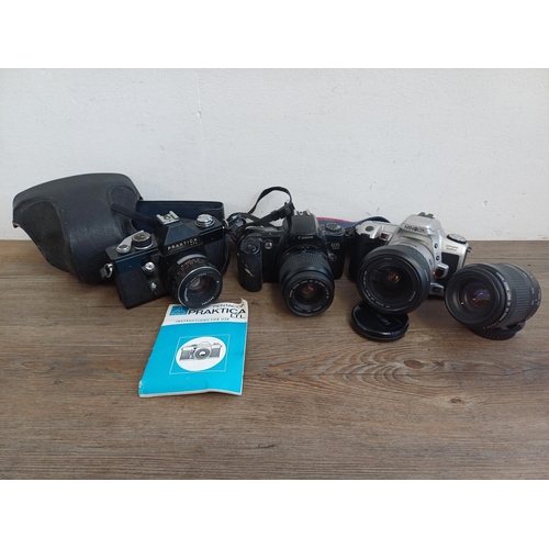 324 - Three 35mm SLR cameras, one cased Pentacon LTL fitted with 1.8/50 auto lens with instruction manual,... 