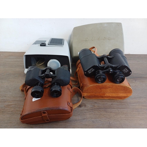 326 - Three cased items, one pair of Wollensak 6 x 30 M5 binoculars marked U.S. Army Ser. No. 31098 F.J.A.... 