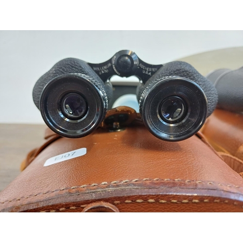 326 - Three cased items, one pair of Wollensak 6 x 30 M5 binoculars marked U.S. Army Ser. No. 31098 F.J.A.... 