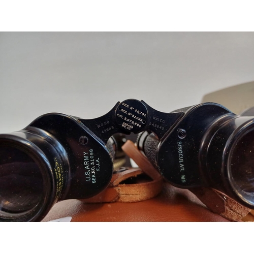 326 - Three cased items, one pair of Wollensak 6 x 30 M5 binoculars marked U.S. Army Ser. No. 31098 F.J.A.... 