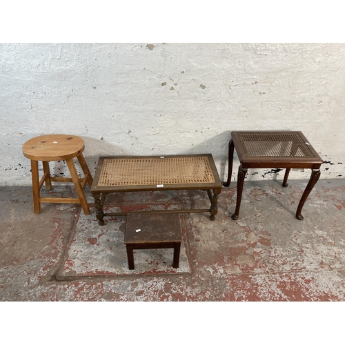 116 - Four stools, one oak and rattan barley twist, one mahogany, one pine and one oak