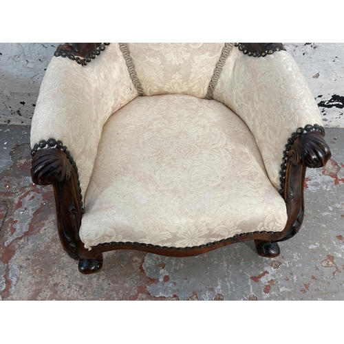 161 - A Victorian style carved mahogany and floral fabric upholstered doll’s spoon back armchair - approx.... 