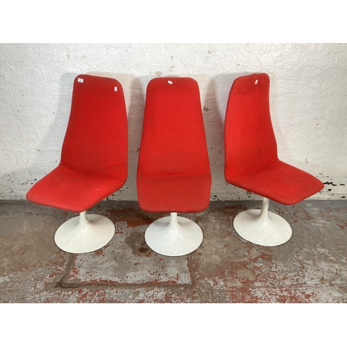 207 - Three 1970s white metal and red fabric upholstered tulip dining chairs