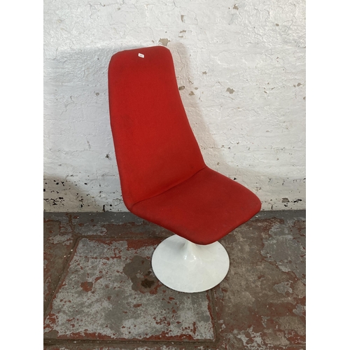 207 - Three 1970s white metal and red fabric upholstered tulip dining chairs