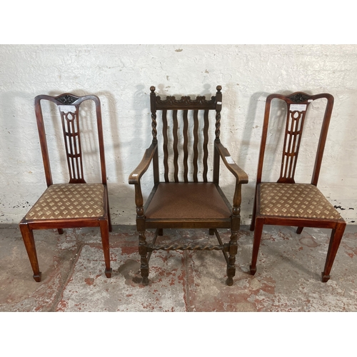 212 - Three chairs, two Edwardian and one early 20th century oak barley twist