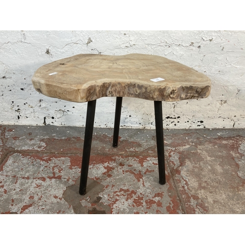 217 - A modern tree slice side table on black metal supports - approx. 45cm high x 51cm wide x 51cm deep