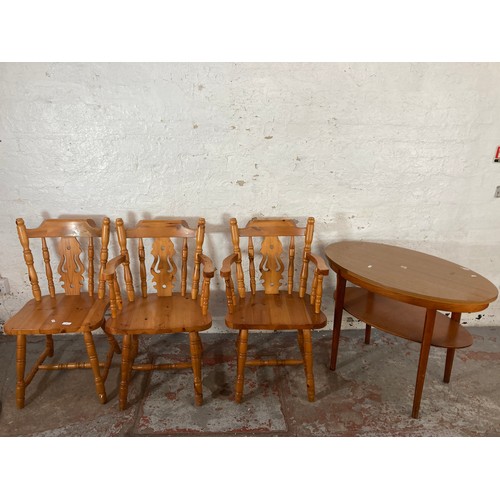 177 - Four pieces of furniture, three pine dining chairs and one mid 20th century teak effect and beech ov... 