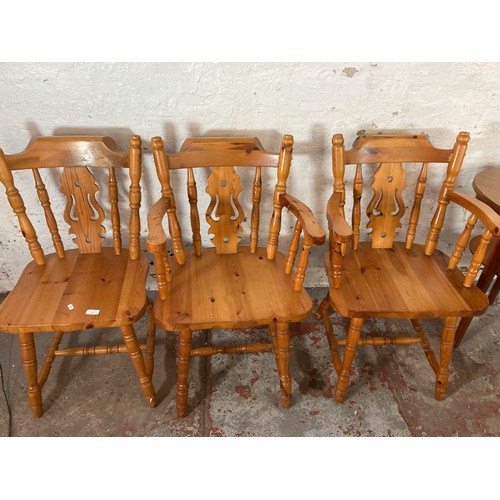 177 - Four pieces of furniture, three pine dining chairs and one mid 20th century teak effect and beech ov... 