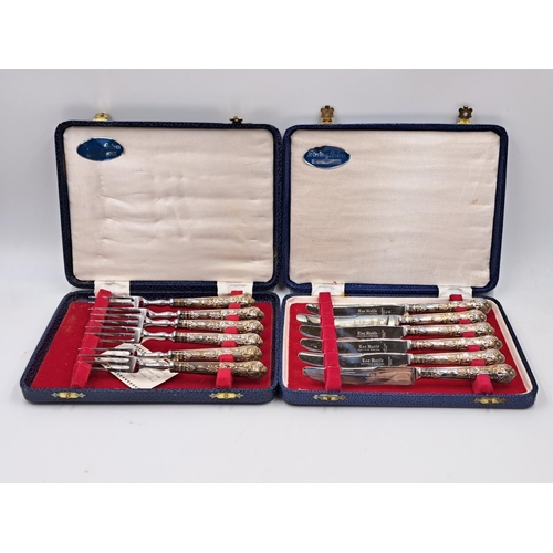 2441 - Two mid 20th century cased Harrison Brothers six piece hallmarked Sheffield silver handled knife and... 