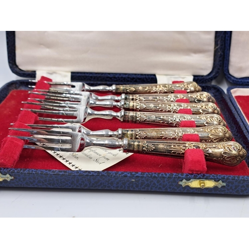 2441 - Two mid 20th century cased Harrison Brothers six piece hallmarked Sheffield silver handled knife and... 