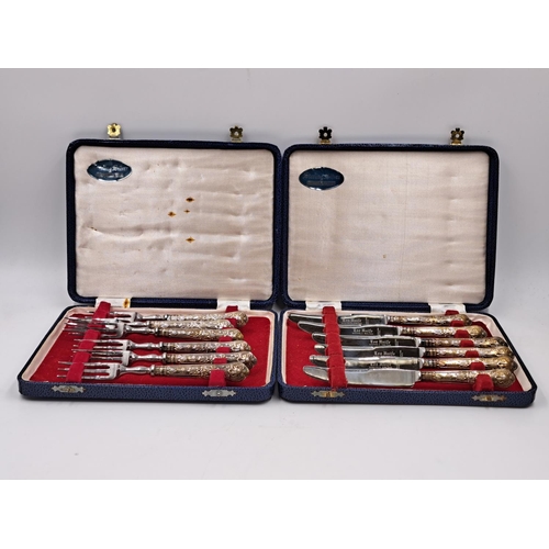 2447 - Two mid 20th century cased Harrison Brothers six piece hallmarked Sheffield silver handled knife and... 