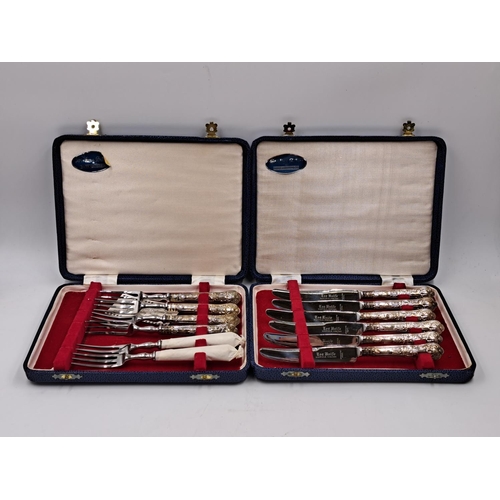 2448 - Two mid 20th century cased Harrison Brothers six piece hallmarked Sheffield silver handled knife and... 