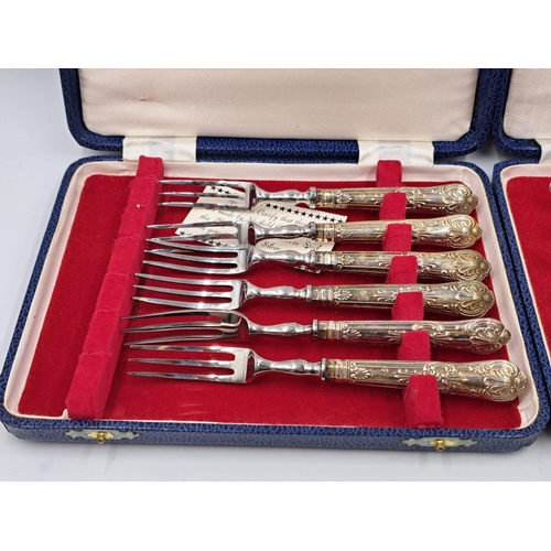 2448 - Two mid 20th century cased Harrison Brothers six piece hallmarked Sheffield silver handled knife and... 