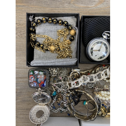 934 - A collection of costume jewellery and watches to include vintage Ingersoll pocket watch, simulated p... 