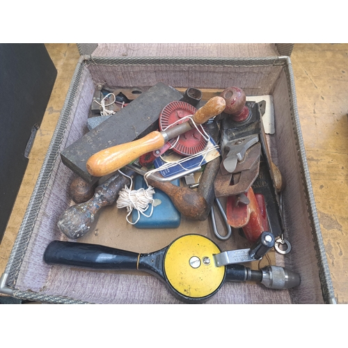 1223 - A collection of tools to include Acorn no. 4 wood plane, Stanley no. 5803 hand drill etc.