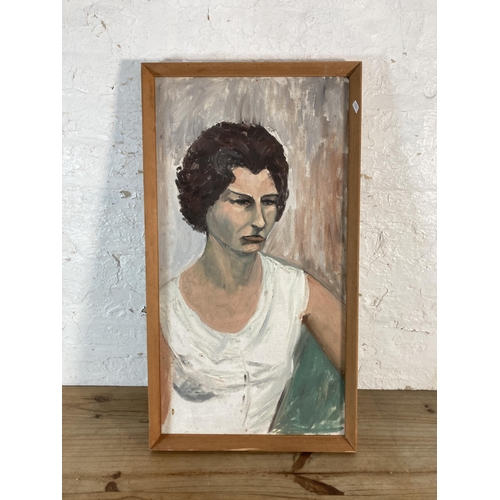 251 - A mid 20th century framed oil on board portrait of a lady - approx. 79cm high x 43cm wide