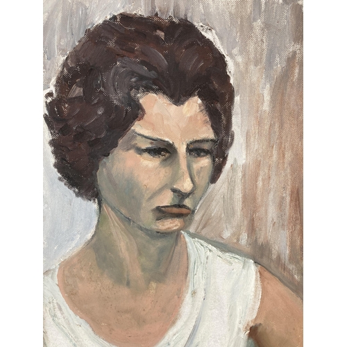 251 - A mid 20th century framed oil on board portrait of a lady - approx. 79cm high x 43cm wide