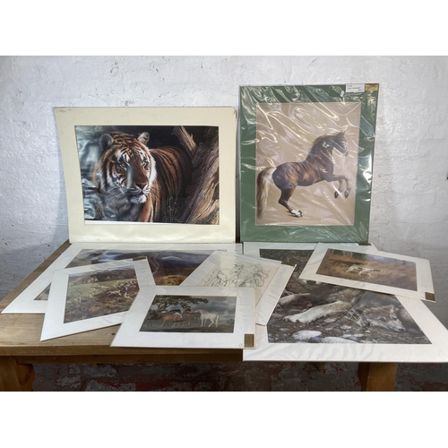 257 - Eight unframed animal prints to include Kim Thompson tiger, Trevor Taylor pencil signed horses etc.