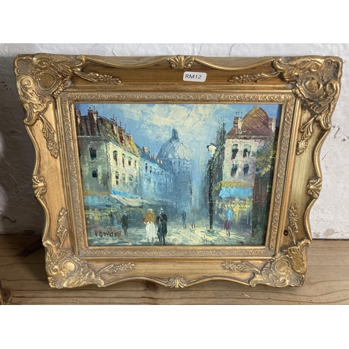 265 - Three framed paintings, two watercolours and one Parisian scene acrylic on canvas - largest approx. ... 