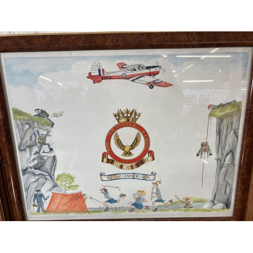 266 - Six framed aviation related pictures to include Air Training Corps watercolour caricature etc.