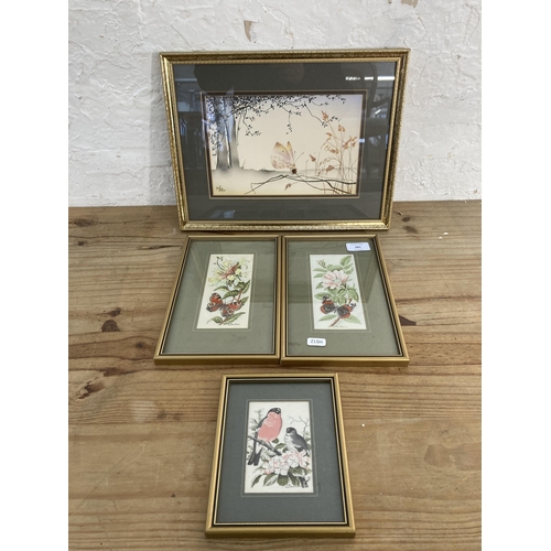 285 - Four framed silk pictures, three J. & J. Cash Ltd woven and one Rockrose screen print