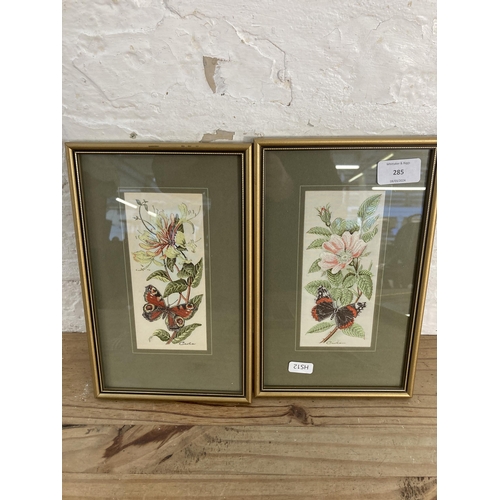 285 - Four framed silk pictures, three J. & J. Cash Ltd woven and one Rockrose screen print