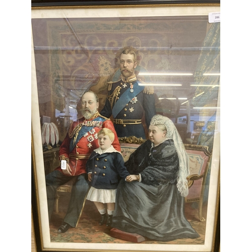 286 - Two framed prints, one Queen Victoria family portrait and one Peninsular War - largest approx. 67cm ... 