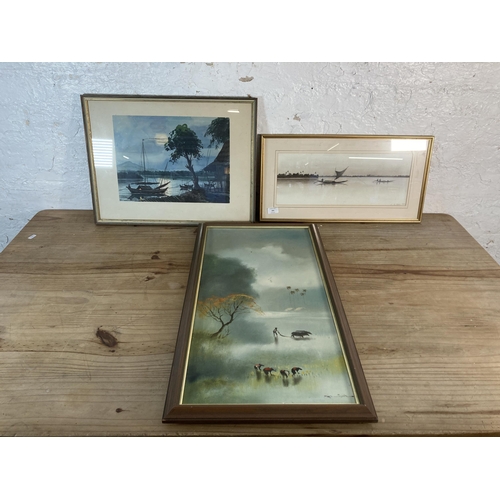 291 - Three framed Oriental pictures, one L.M. Ghose charcoal drawing, dated 1928, one watercolour by A.B.... 