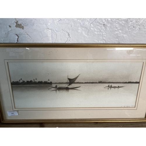 291 - Three framed Oriental pictures, one L.M. Ghose charcoal drawing, dated 1928, one watercolour by A.B.... 