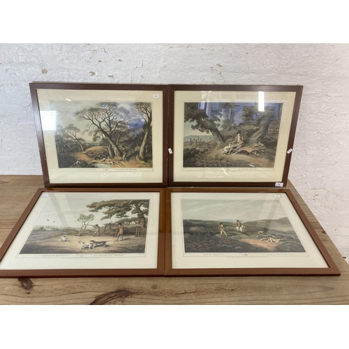 296 - Four framed French hunting scene prints - approx. 48cm high x 59cm wide