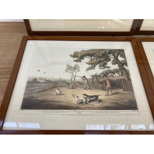 296 - Four framed French hunting scene prints - approx. 48cm high x 59cm wide