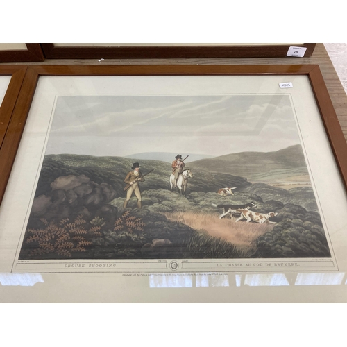 296 - Four framed French hunting scene prints - approx. 48cm high x 59cm wide