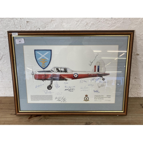 297 - A framed Dugald Cameron Chipmunk T.10 aviation print with signatures - approx. 40cm high x 55cm wide