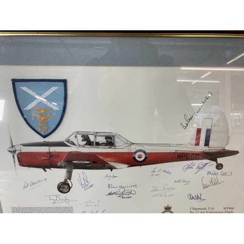 297 - A framed Dugald Cameron Chipmunk T.10 aviation print with signatures - approx. 40cm high x 55cm wide