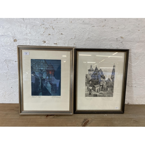 299 - Two framed Rothenburg ob der Tauber Germany pencil signed engravings - approx. 48cm high x 39cm wide