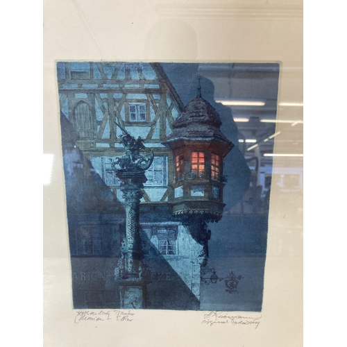 299 - Two framed Rothenburg ob der Tauber Germany pencil signed engravings - approx. 48cm high x 39cm wide