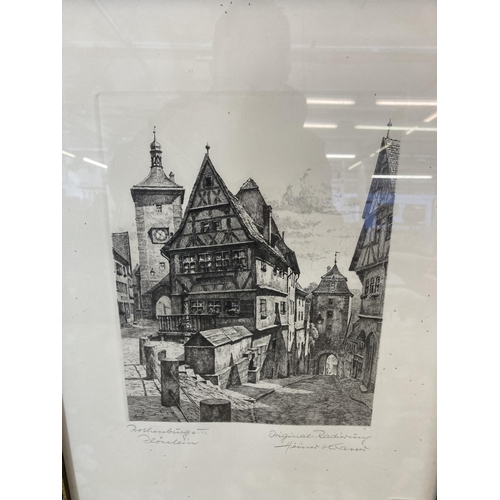 299 - Two framed Rothenburg ob der Tauber Germany pencil signed engravings - approx. 48cm high x 39cm wide