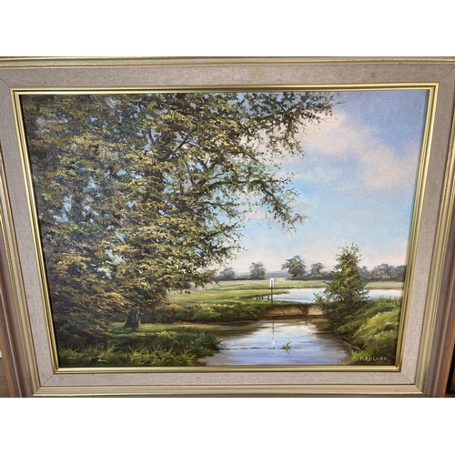 300 - Four framed F.D. Oliver landscape scene oil paintings - largest approx. 47cm high x 57cm wide